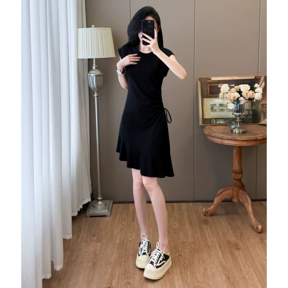 Elegant Plus Size Drawstring Fishtail Irregular Midi T Shirt Dress Women Summer